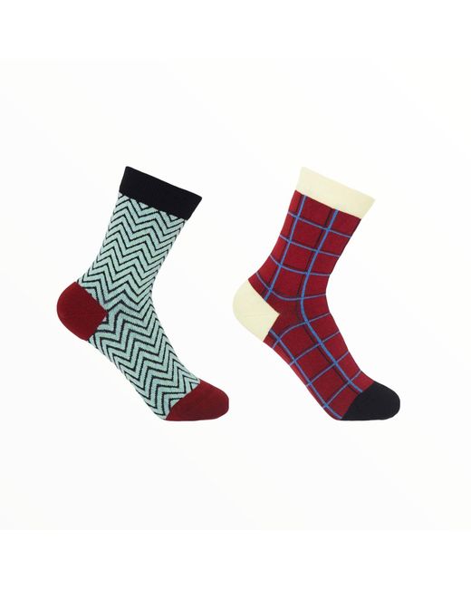 Peper Harow - Made in England Green Zigzag & Burgundy Grid Socks Two Pack