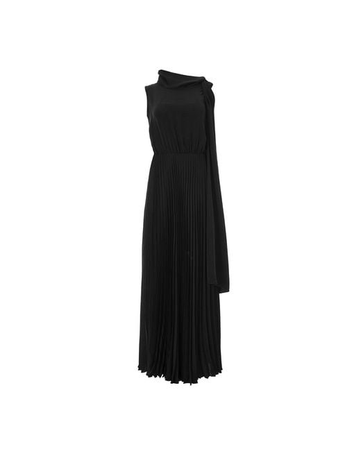 Lita Couture Black Long Pleated Tie-Neck Dress