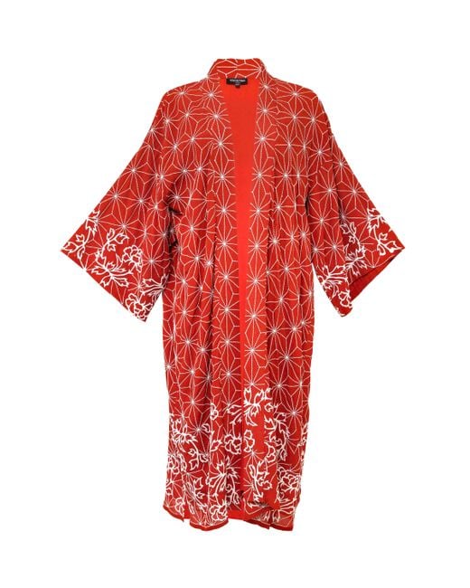 Artemis Muse Asanoha & Peony Embroidered Terracotta Fully Lined Long Kimono