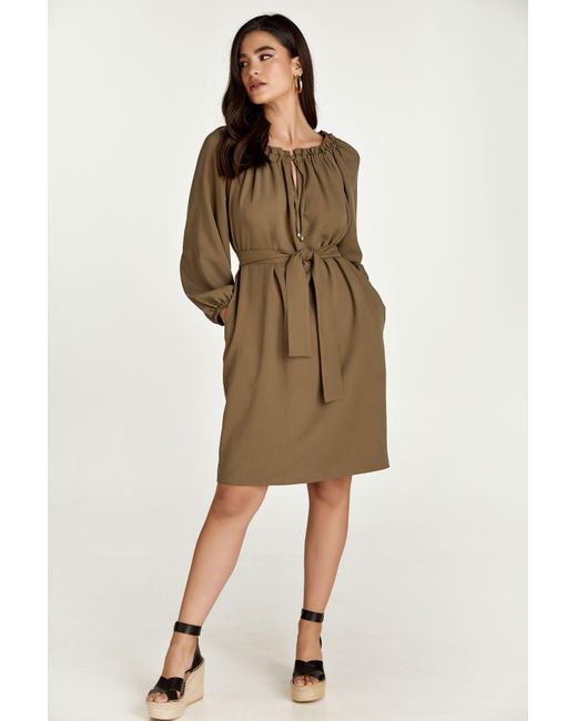 Conquista Gray Belted Olive Colour Dress With Pockets