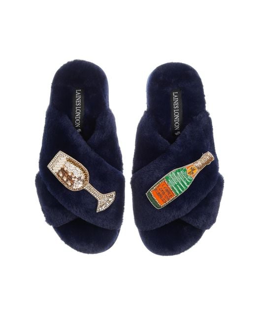 Laines London Blue Classic Laines Slippers With Laines Champers & Glass Brooches