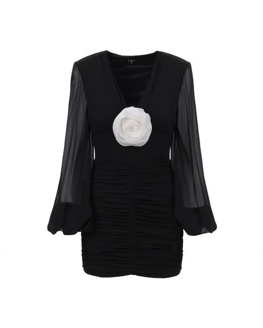 Lita Couture Black Ruched Floral-Appliqué Dress