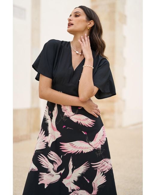 Yumi' Black Recycled Fabric Crane Print Kimono Midi Dress