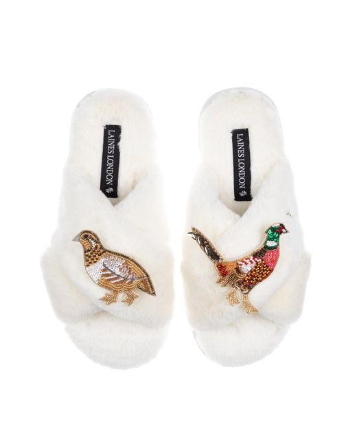Laines London White Neutrals Classic Laines Slippers With Pheasant & Hen Brooches