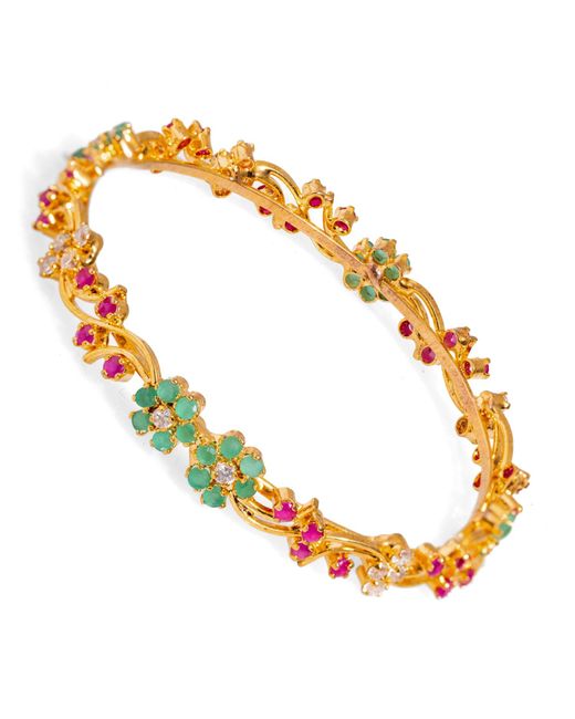 Ebru Jewelry Metallic Victorian Floral Emerald & Ruby Gemstone Bangle Bracelet