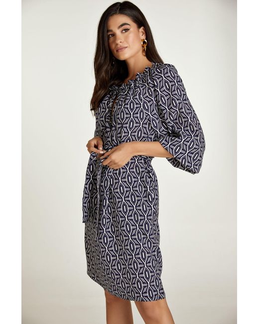 Conquista Blue Belted Print Dress With Pockets