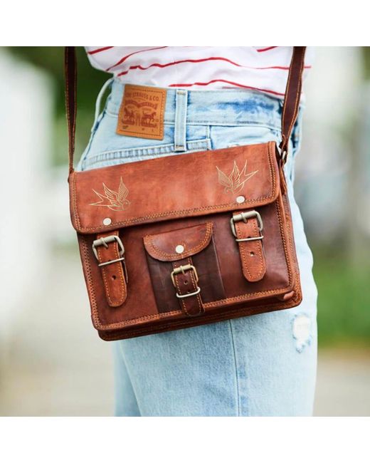 VIDA VIDA Brown Leather Satchel With Swallow Tattoo