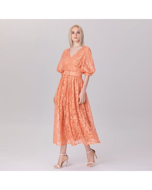 Smart and Joy Orange All-lace Puffy Sleeves Dress With Belt