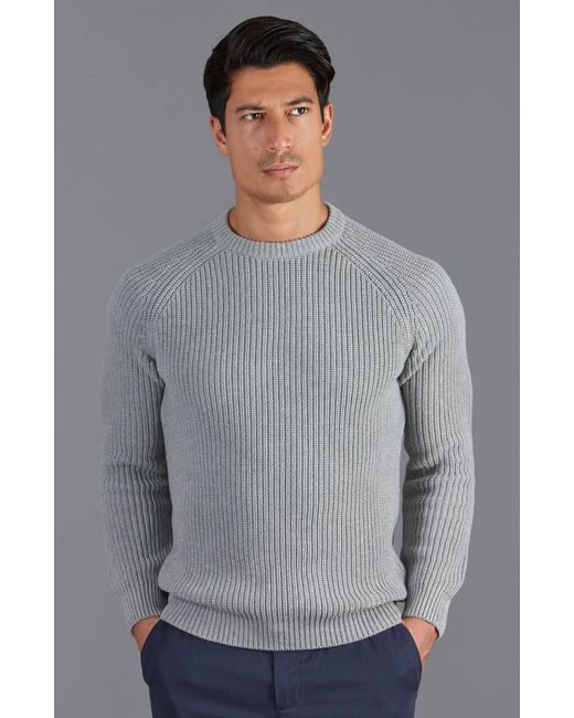 Paul James Knitwear Gray Heavyweight Cotton Clark Fisherman Rib Knit Jumper for men