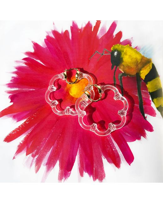 Gold & Honey White Flower Bamboo Lucite Hoop Earrings