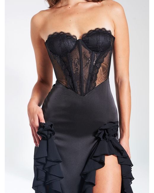Miss Circle New York Black Talia Satin Lace Corset Maxi Dress