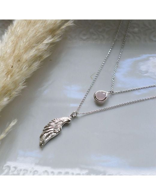 Seven Saints Metallic Archangel Chamuel, Angel Of Love Necklace, Rose Quartz, Rhodium Over Sterling