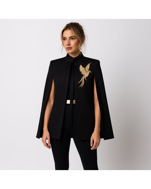 House of Laines London Black Laines Couture Tailored Cape With Embellished Bird Of Paradise