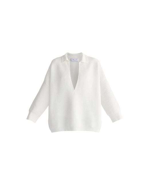 Paisie White Low Cut Polo Collar Ribbed Jumper