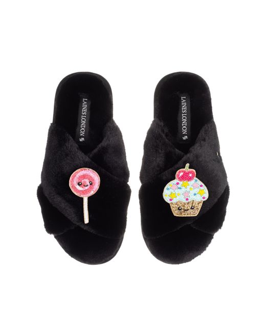 Laines London Black Classic Slippers With Laines Lovables Lollipop & Cupcake Brooches