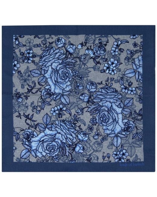 Lords of Harlech Blue Reversible Wool Silk Floral Pocket Square for men