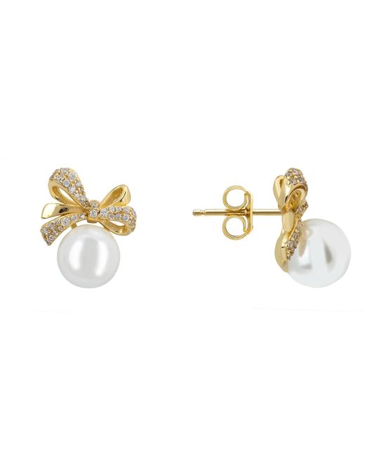 Latelita London Metallic Ribbon Bow Pearl Stud Earrings