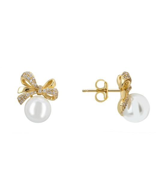 Latelita London Metallic Ribbon Bow Pearl Stud Earrings