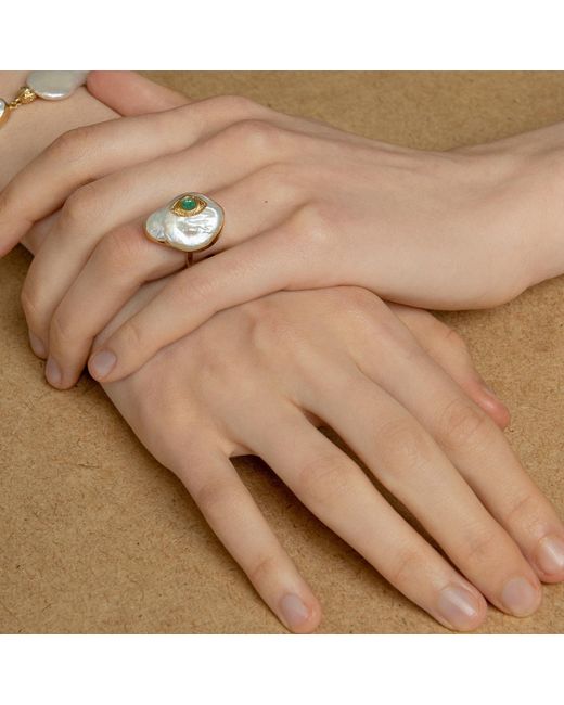 Vintouch Italy Green The Eye-Plated Emerald & Pearl Ring