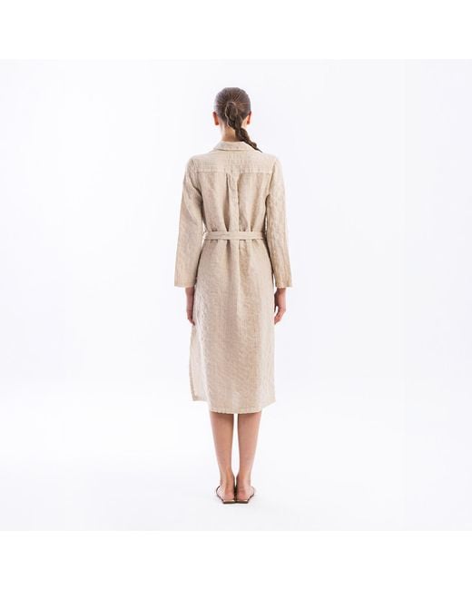 Haris Cotton Natural Neutrals Striped Linen Button Front Long Sleeved Shirtdress With Belt Beach Sand