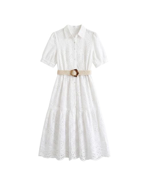 LAtelier London White Broderie Anglaise Belted Shirt Midi Dress
