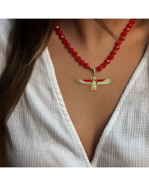 Ebru Jewelry Divine Protection Faravahar Symbol Pendant Red Beaded Necklace