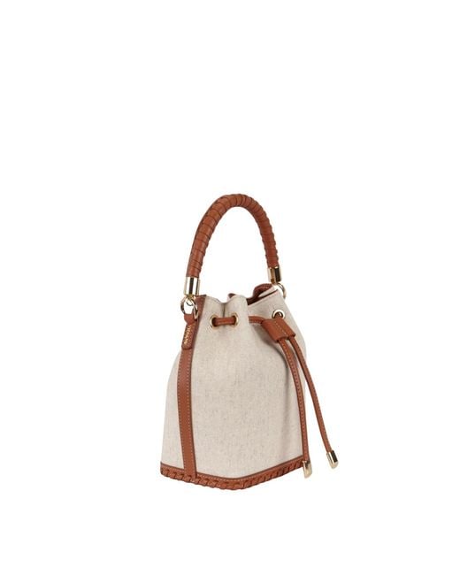 Saonara Brand Pink Mini Bucket Bag Linen Caramel Leather