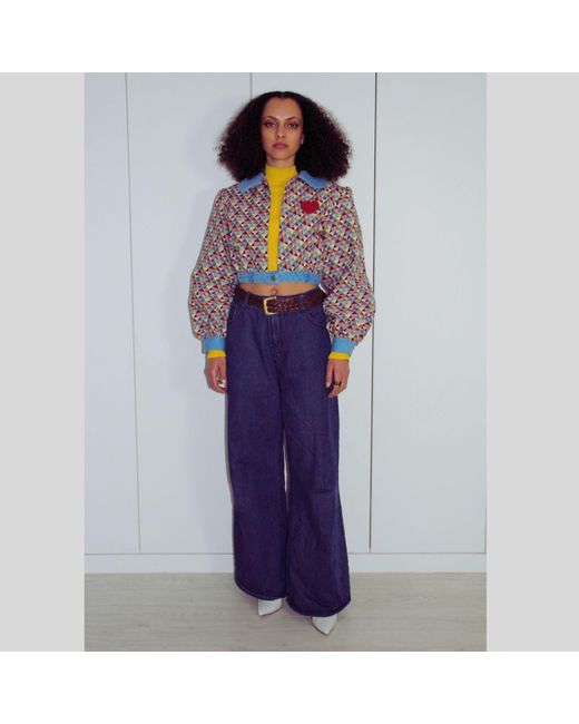 Couture to Your Door Blue Geometric Tapestry Cropped Bomber Jacket