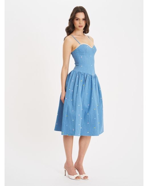 Miss Circle New York Blue Zadie Cotton Denim Drop Waist Embroidery Flower Midi Dress