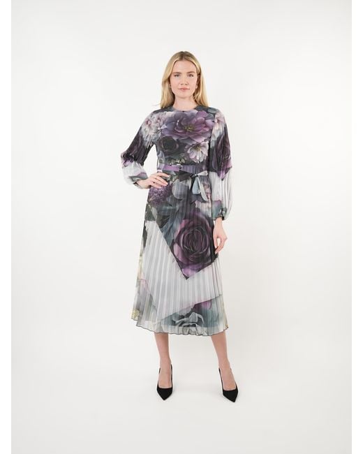 John Abgin Blue Placement Floral Pleated Midi Dress