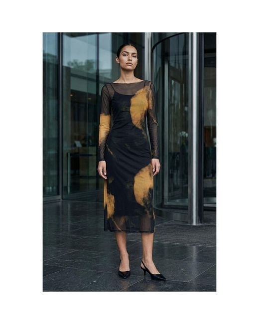 Modenaire Black Sheer Mesh Midi Dress With Abstract Print And Layered Slip