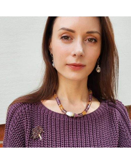 Farra Metallic Citrine & Amethyst With Baroque Peals Necklace