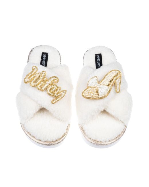 Laines London Metallic Neutrals Neutral Boucle Slippers With Wifey & Wedding Heel Brooches