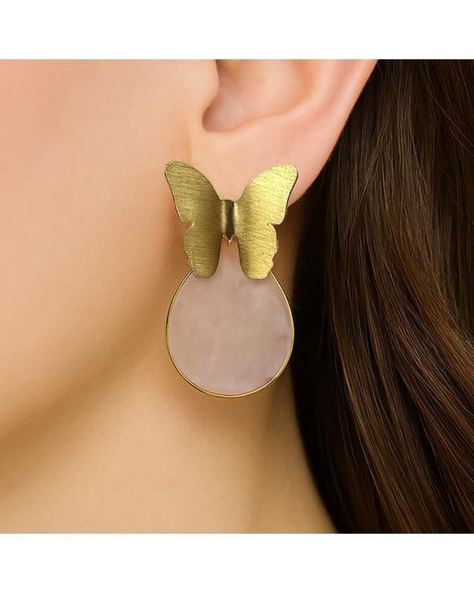 Rare Matters Jewelry Brown Spring Butterfly Rose Quartz Statement Earrings