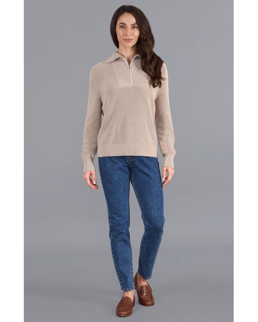 Paul James Knitwear Gray Neutrals Midweight Cotton Caitlyn Troyer Zip Neck Ribbed Jumper