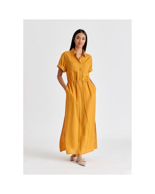 Paisie Yellow Linen Blend Shirt Dress With Stitch Details