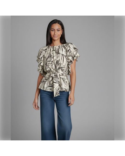 Imaatu Gray Neutrals Butterfly Blouse Palms Butter Sustainable Viscose One Size Ruffle Sleeves Tropical Print