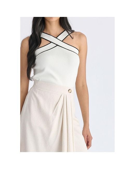 Paisie White Contrast Detail Crisscross Halterneck Knit Top