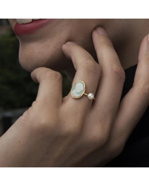 Vintouch Italy Metallic Plated Mini Cameo Ring With A Pearl