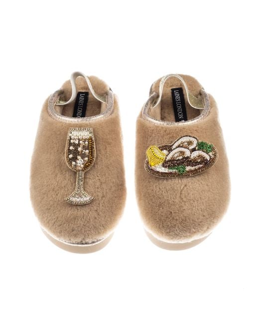 Laines London Brown Neutrals Flatform Cloud Closed Toe Slippers With Oysters & Glass Of Fizz Brooches