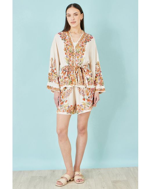 Yumi' Metallic Neutrals Ivory Viscose Floral Border Kimono With Tie Belt