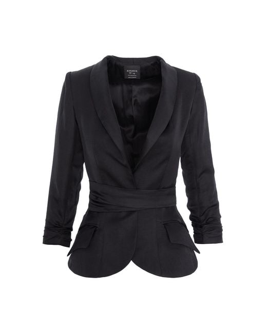 AVENUE No.29 Black Rayon And Linen Structured Blazer With Belt