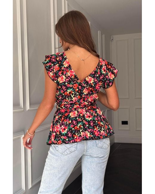 Girl In Mind Red Juniper Floral Frill Detail Wrap Peplum Top