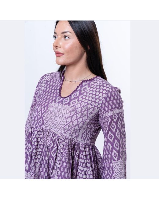 House of Gl Purple Liora Hand-Block Printed Cotton Bell Sleeve Mini Dress With Lace Detail