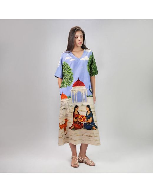 DHARA SHETH DUBAI Blue Saanjh Heritage Art Print Long Cotton Kaftan Dress
