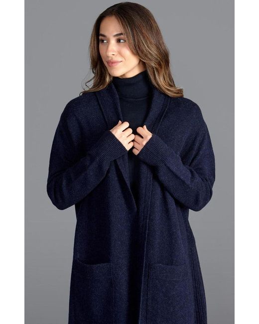 Paul James Knitwear Blue Pure Lambswool Long Line Liberty Cardigan With Pockets