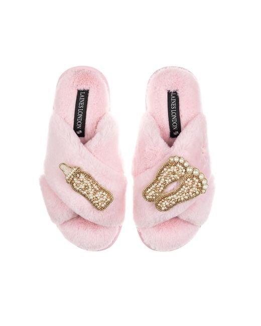 Laines London Pink Classic Laines Slippers With New Baby Brooches