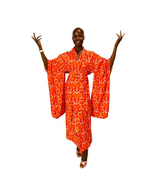 Julia Clancey Red Turbanista Queen Flame Reversible Silk & Linen Kimono