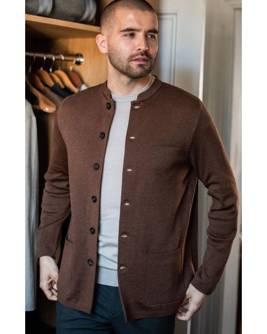 Paul James Knitwear Brown Extra Fine Merino Wool Alonzo Knitted Nehru Jacket for men