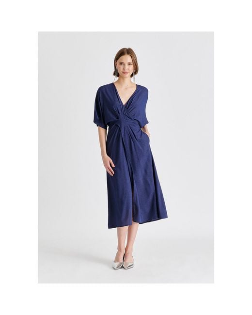 Paisie Blue Sparkled Midi Wrap Dress With Pleated Details